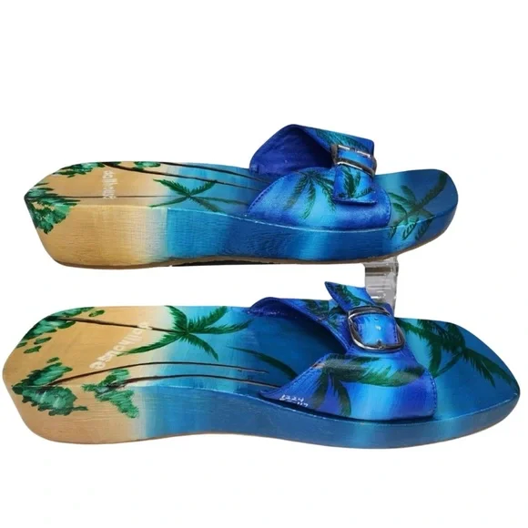 Dollhouse Wooden Wedge Slides Slip-On Sandals Shoes Tropical Leather Size 9 - Picture 11 of 12